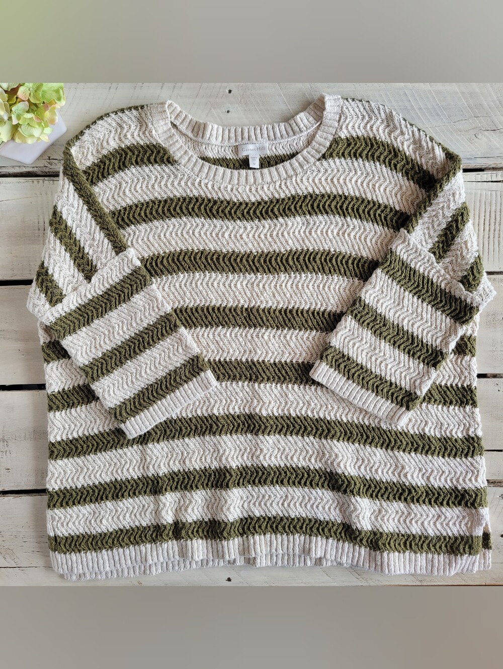Garnet Hill Olive Green Cream Striped Crewneck Sweater 100% Organic Cotton Sz M